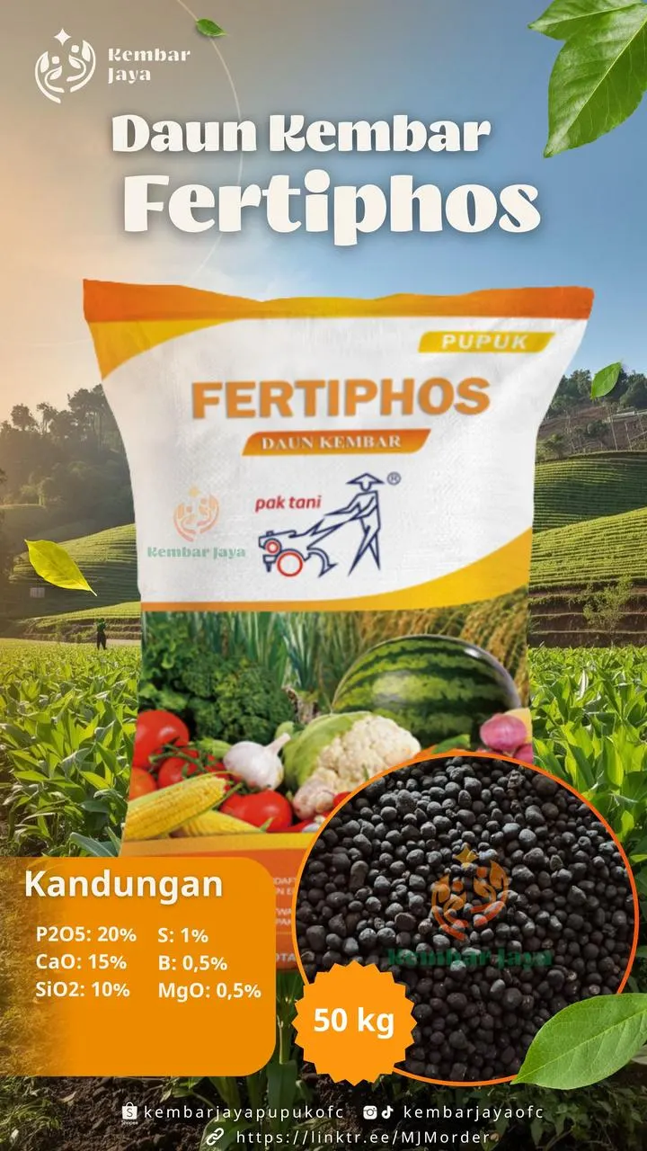 Kemasan Daun Kembar Fertiphos, P2O5 20%, CaO 15%, SiO2 10%, Sulfur 1%, Boron 0,5%, MgO 0,5%