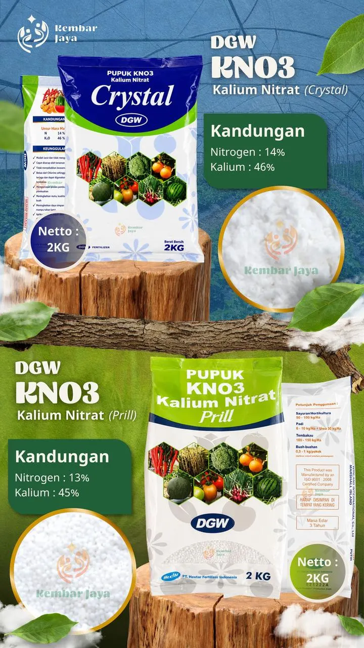 Kemasan DGW KNO3 Kalium Nitrat (Crystal), Nitrogen 14%, Kalium 46%