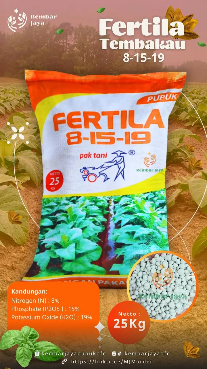 Kemasan Fertila Tembakau 8-15-19, Nitrogen 8%, Fosfat (P2O5) 15%, Kalium (K2O) 19%