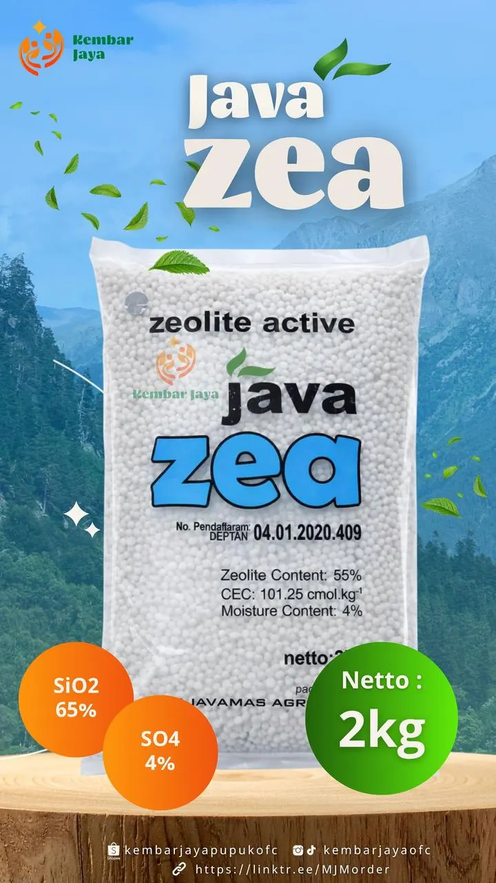 Kemasan Java Zea, Zeolit 55%, SiO2 65%, SO4 4%, KTK 101,25 cmol/kg, kadar air 4%