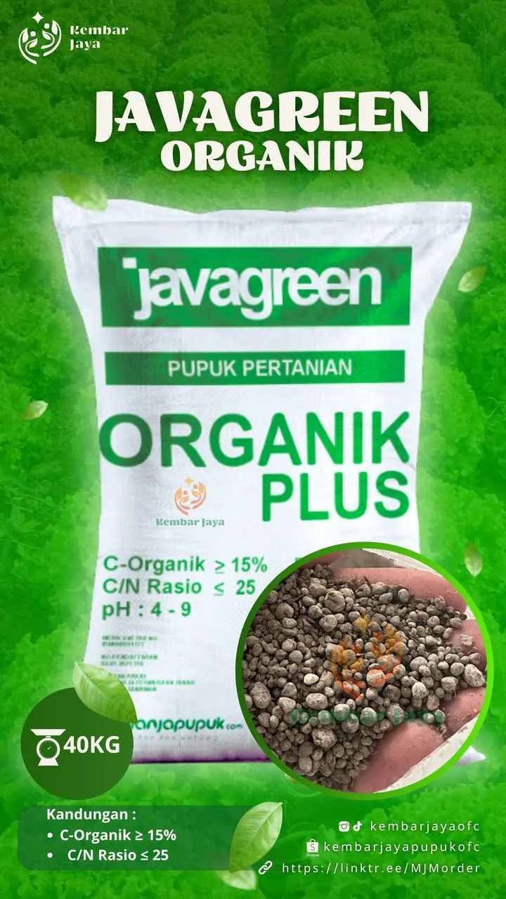 Kemasan Javagreen Organik, C-Organik minimal 15%, rasio C/N maksimal 25, pH 4-9