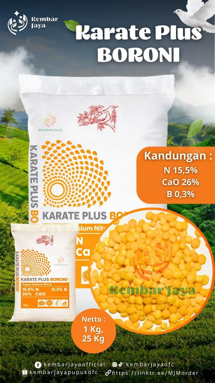 Kemasan Karate Plus Boroni, Nitrogen 15,5%, CaO 26%, Boron 0,3%