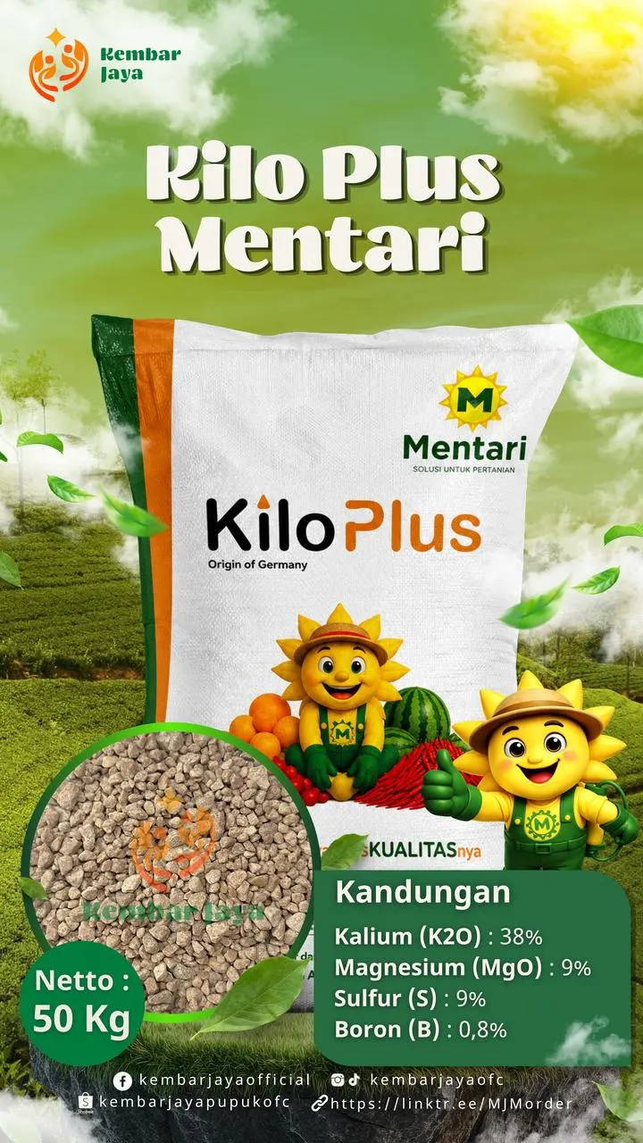 Kemasan Kilo Plus Mentari, Kalium (K2O) 38%, Magnesium (MgO) 9%, Sulfur 9%, Boron 0,8%