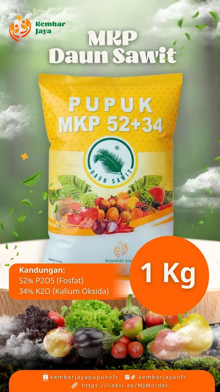 Kemasan MKP Daun Sawit, 52% P2O5 (Fosfat), 34% K2O (Kalium Oksida)