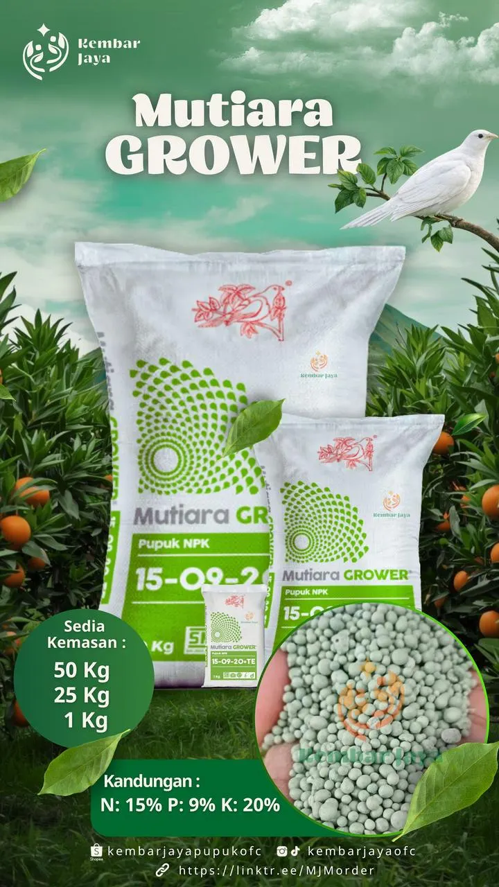 Kemasan Mutiara Grower, Nitrogen 15%, Fosfor 9%, Kalium 20%