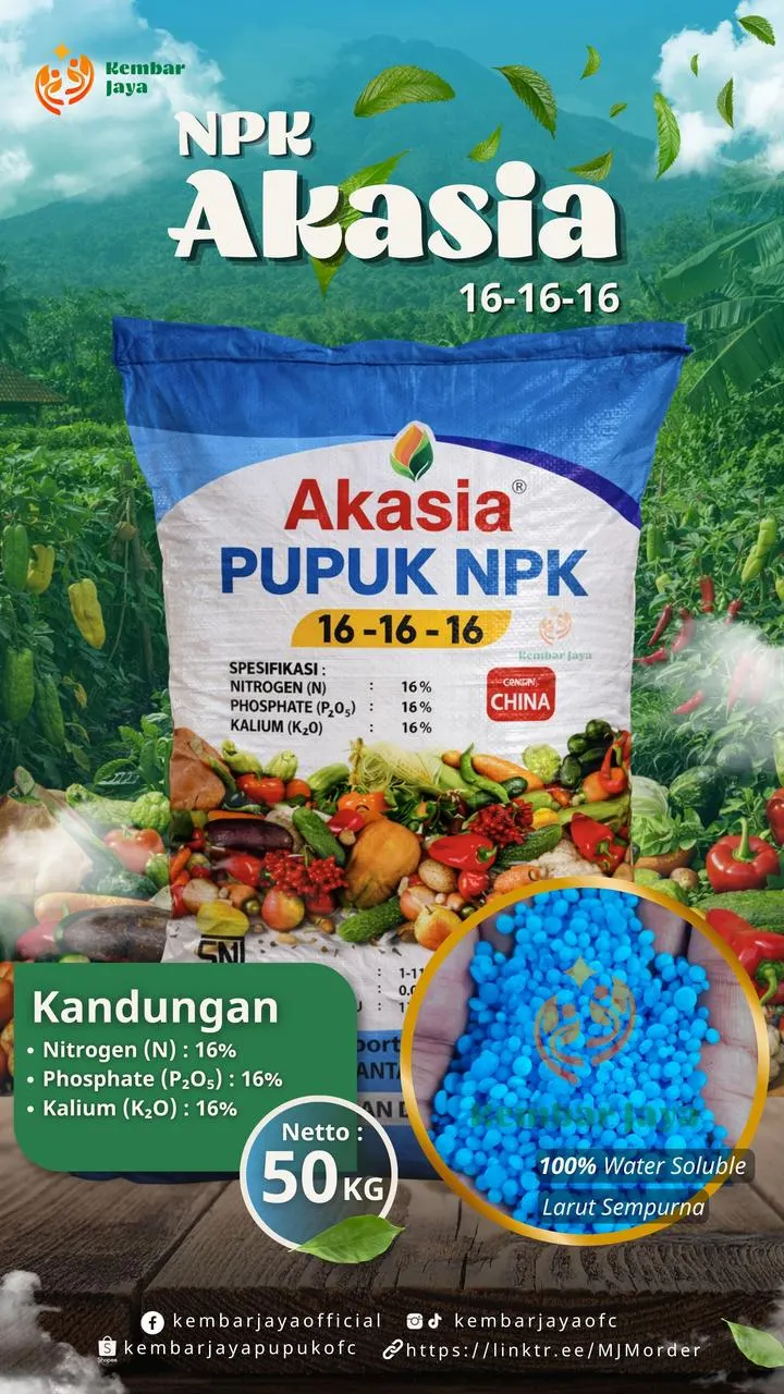 Kemasan NPK Akasia 16-16-16, Nitrogen 16%, Fosfat (P2O5) 16%, Kalium (K2O) 16%, larut sempurna dalam air
