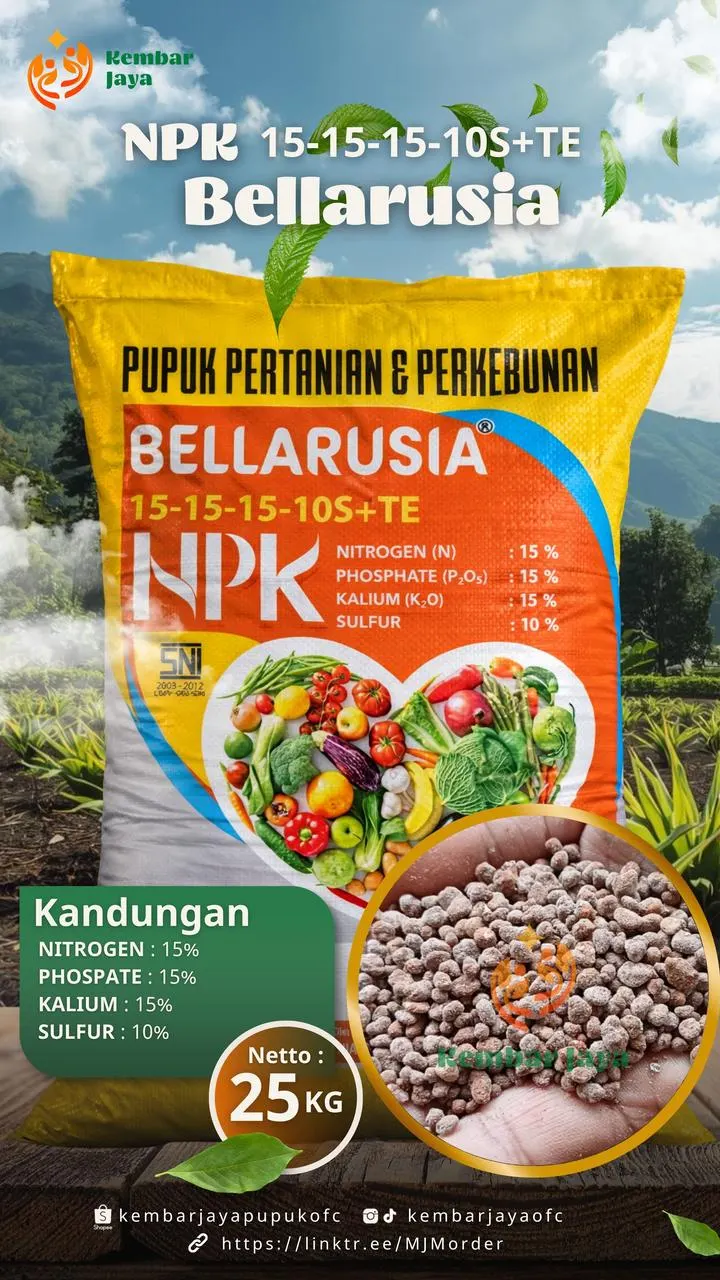 Kemasan NPK Bellarusia 15-15-15-10S+TE, Nitrogen 15%, Fosfat 15%, Kalium 15%, Sulfur 10%