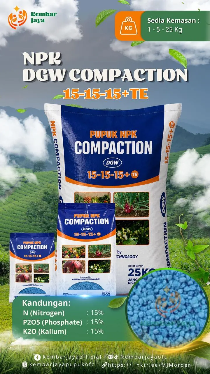 Kemasan NPK DGW Compaction 15-15-15+TE, Nitrogen 15%, P2O5 15%, K2O 15%