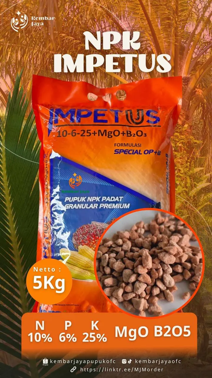 Kemasan NPK Impetus, Nitrogen 10%, Fosfor 6%, Kalium 25%, plus MgO dan B2O5