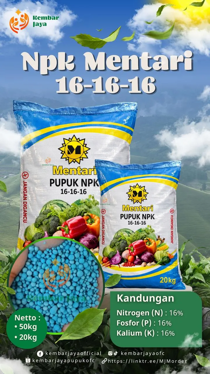 Kemasan NPK Mentari 16-16-16, Nitrogen 16%, Fosfor 16%, Kalium 16%