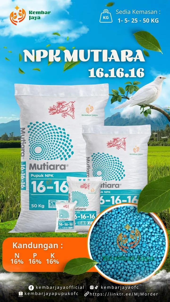 Kemasan NPK Mutiara 16.16.16, Nitrogen 16%, Fosfor 16%, Kalium 16%