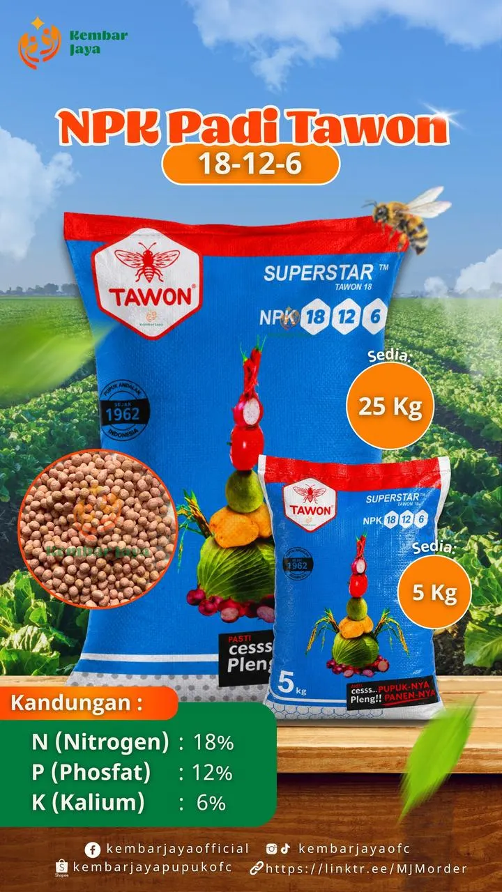 Kemasan NPK Padi Tawon 18-12-6, Nitrogen 18%, Fosfat 12%, Kalium 6%