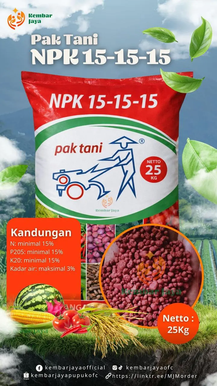 Kemasan NPK Pak Tani 15-15-15, Nitrogen minimal 15%, P2O5 minimal 15%, K2O minimal 15%, kadar air maksimal 3%