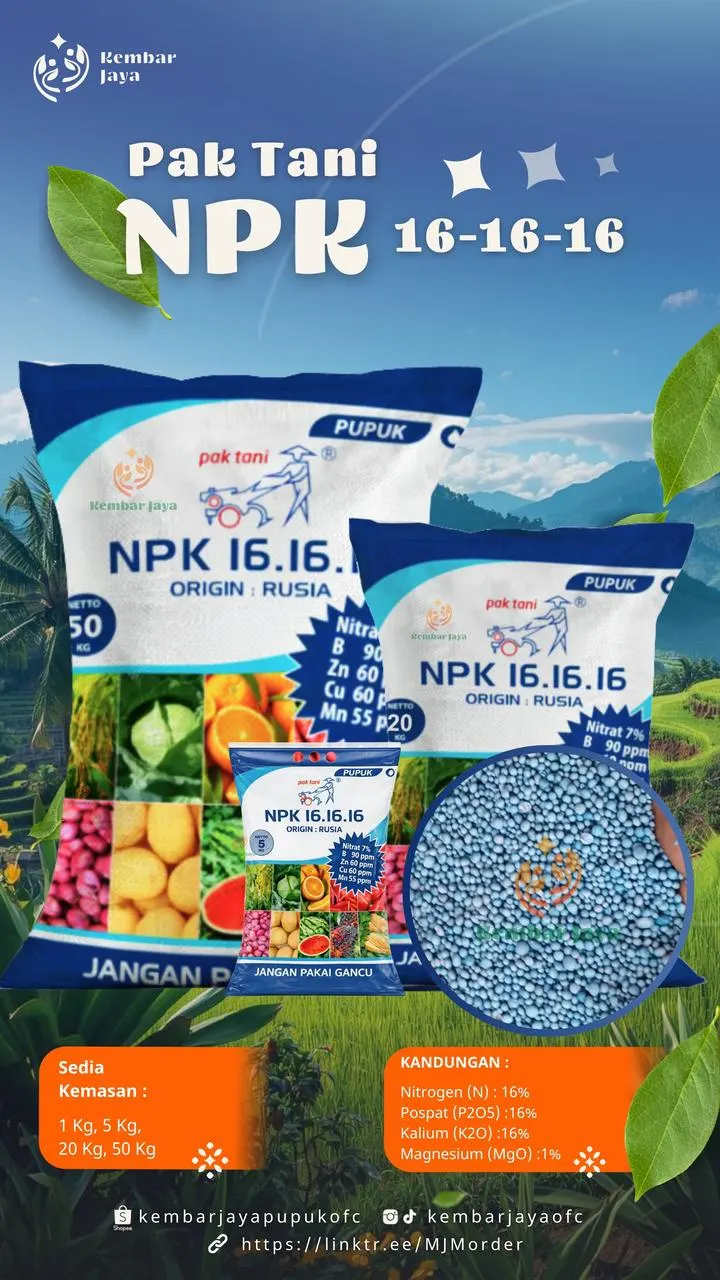 Kemasan NPK Pak Tani 16-16-16, Nitrogen 16%, Fosfat (P2O5) 16%, Kalium (K2O) 16%, Magnesium (MgO) 1%