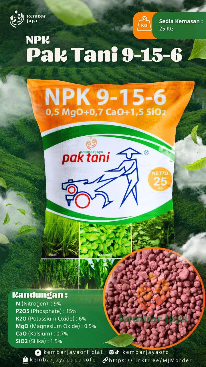 Kemasan NPK Pak Tani 9-15-6, 0,5 MgO + 0,7 CaO + 1,5 SiO2