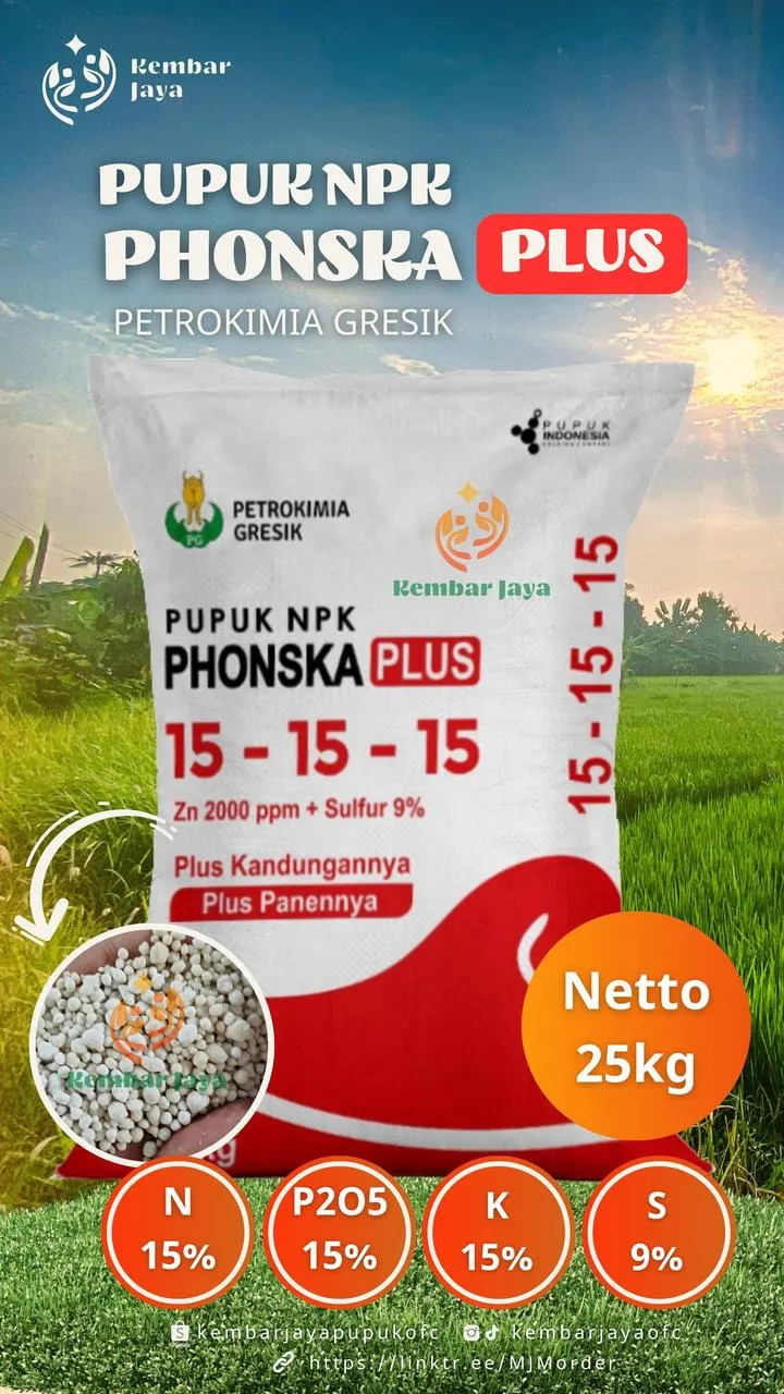 Kemasan NPK Phonska Plus 15-15-15, Nitrogen 15%, Fosfor 15%, Kalium 15%, Sulfur 9%, Zn 2000 ppm