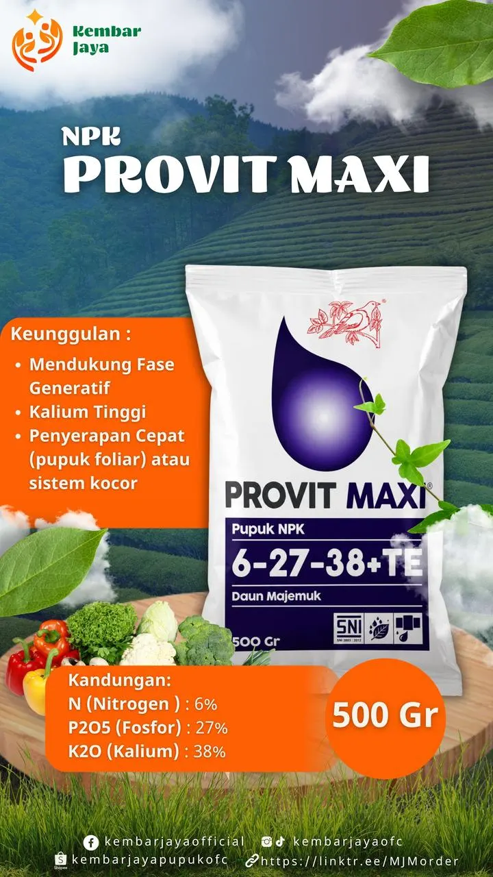 Kemasan NPK Provit Maxi, Nitrogen 6%, P2O5 27%, K2O 38%, plus unsur mikro
