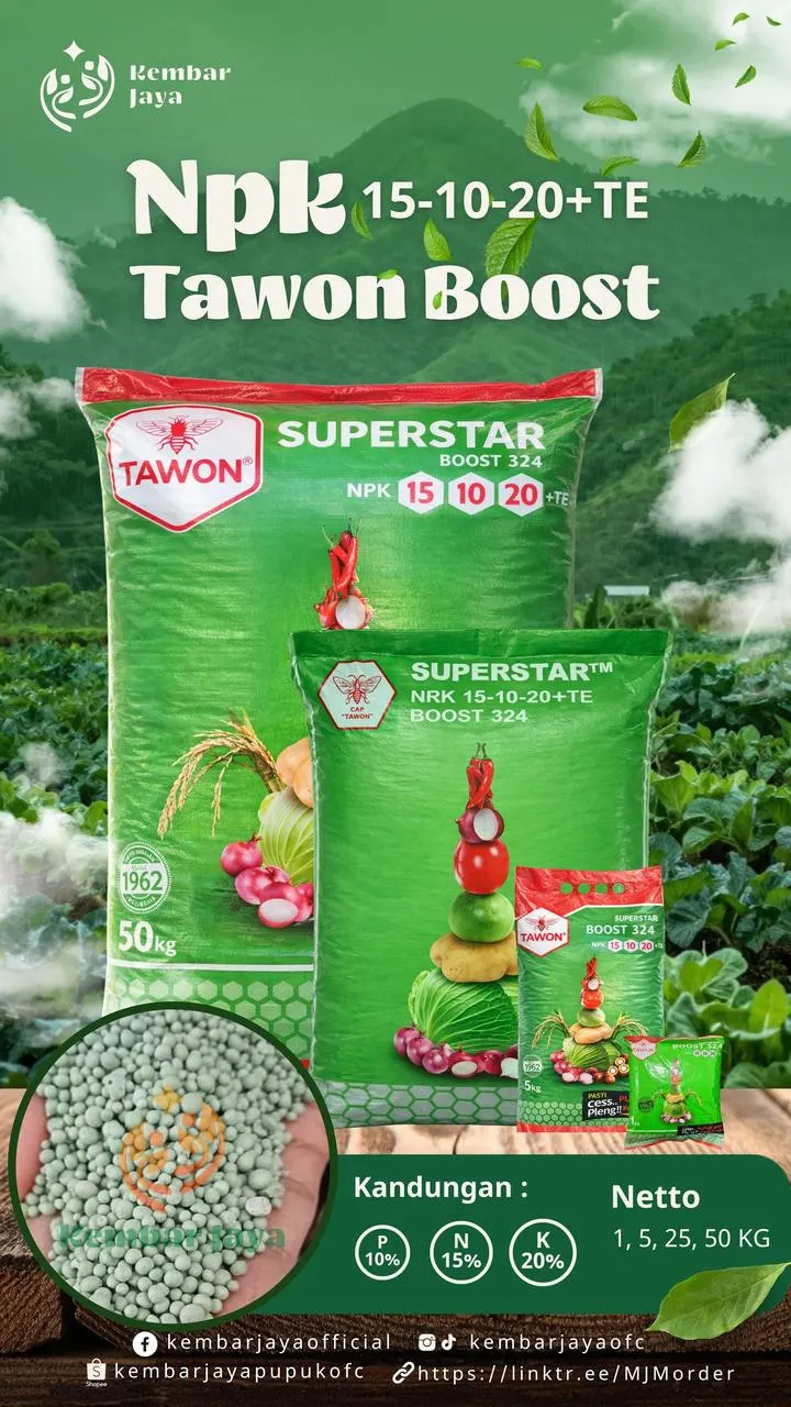 Kemasan NPK Tawon Boost 15-10-20+TE, Nitrogen 15%, Fosfor 10%, Kalium 20%