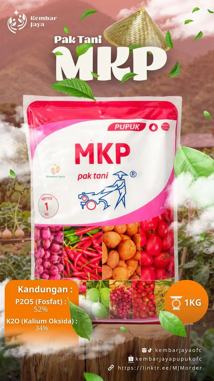 Kemasan Pak Tani MKP, P2O5 (fosfat) 52%, K2O (kalium oksida) 34%