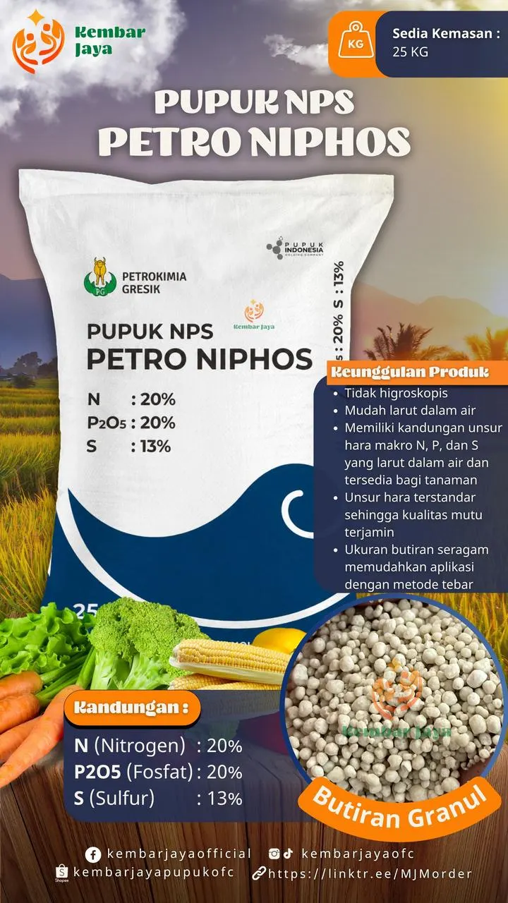 Kemasan Pupuk NPS Petro Niphos, Nitrogen 20%, P2O5 (fosfat) 20%, Sulfur 13%