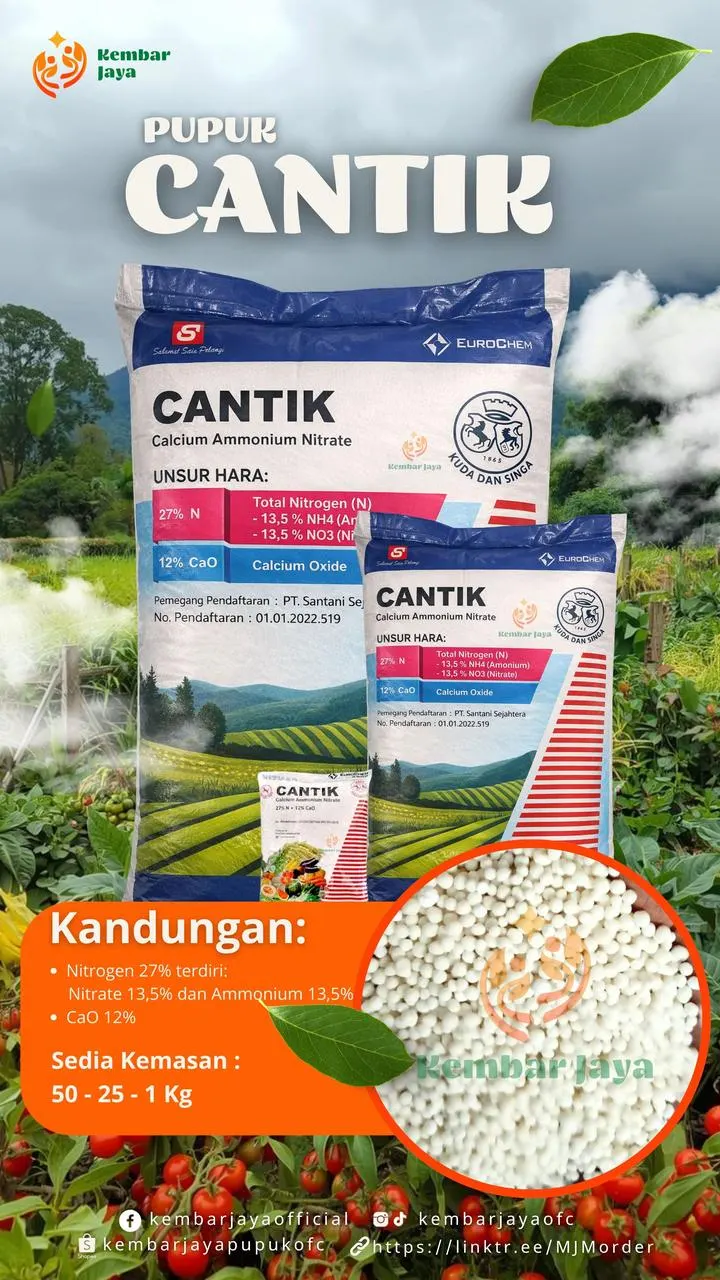 Kemasan Pupuk Cantik, Nitrogen 27% (nitrat 13,5% dan amonium 13,5%), CaO 12%
