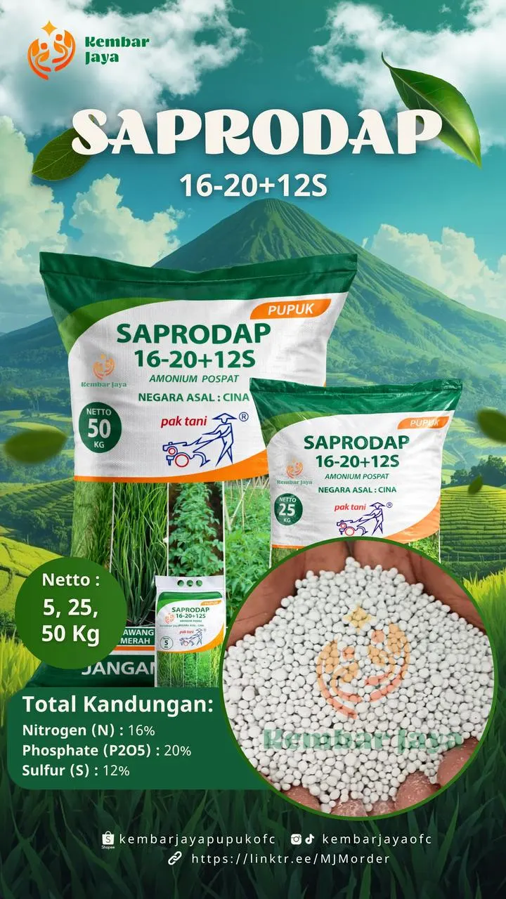 Kemasan Saprodap 16-20+12S, Nitrogen 16%, Fosfat (P2O5) 20%, Sulfur 12%