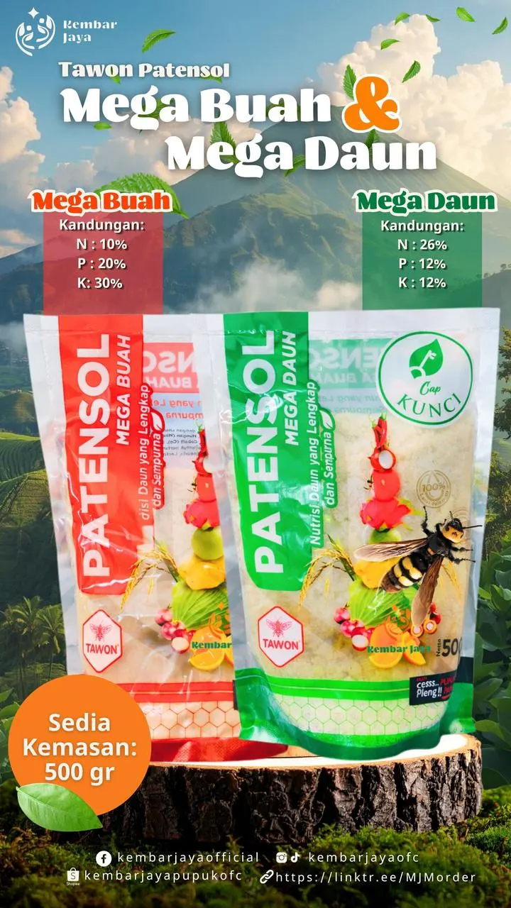 Kemasan Tawon Patensol Mega Buah & Mega Daun, Mega Buah N 10%, P 20%, K 30%; Mega Daun N 26%, P 12%, K 12%