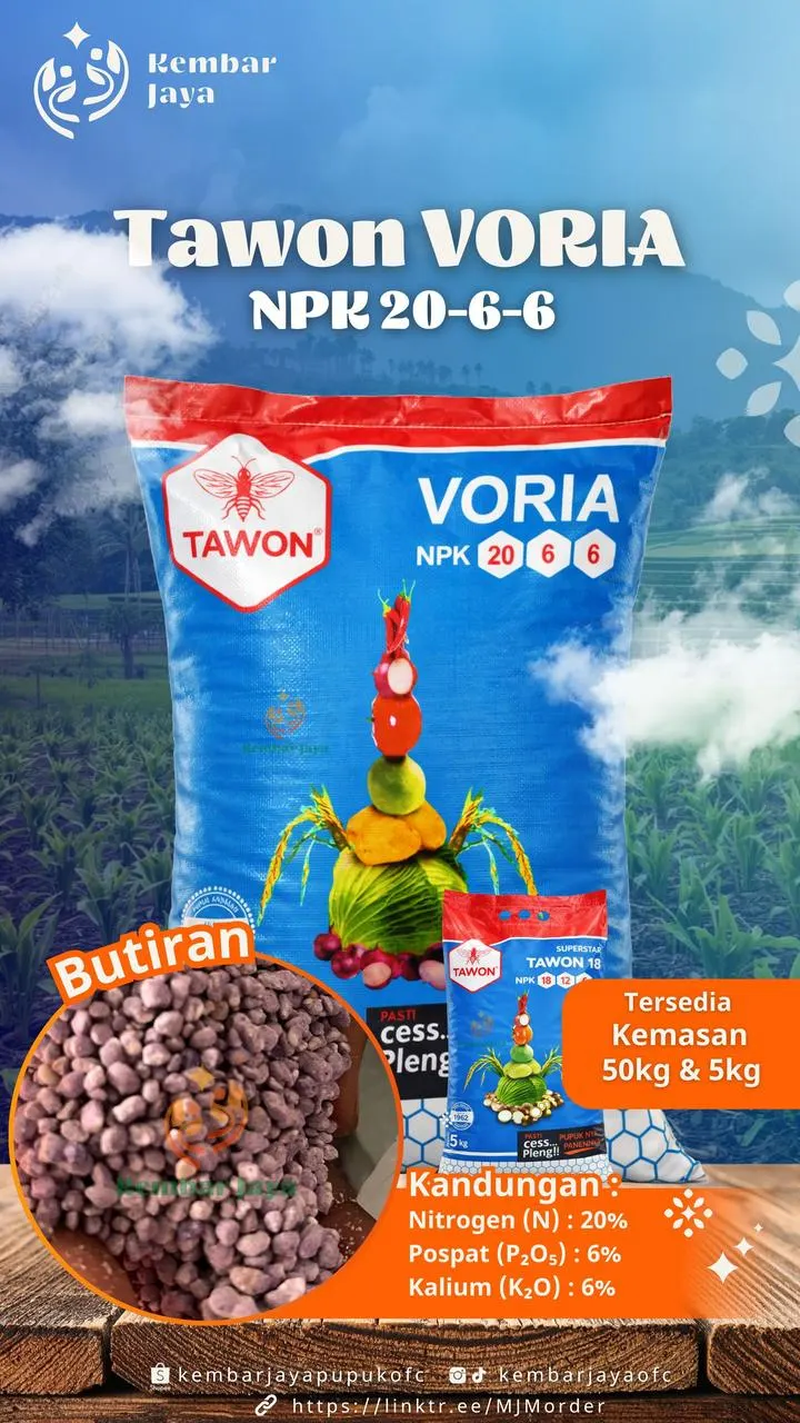 Kemasan Tawon Voria NPK 20-6-6, Nitrogen 20%, Fosfat (P2O5) 6%, Kalium (K2O) 6%