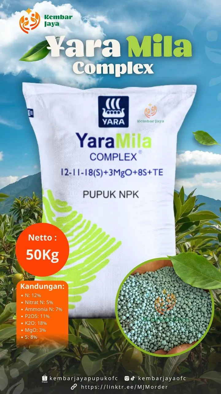 Kemasan YaraMila Complex, Nitrogen 12% (nitrat 5%, amonia 7%), P2O5 11%, K2O 18%, MgO 3%, sulfur 8%