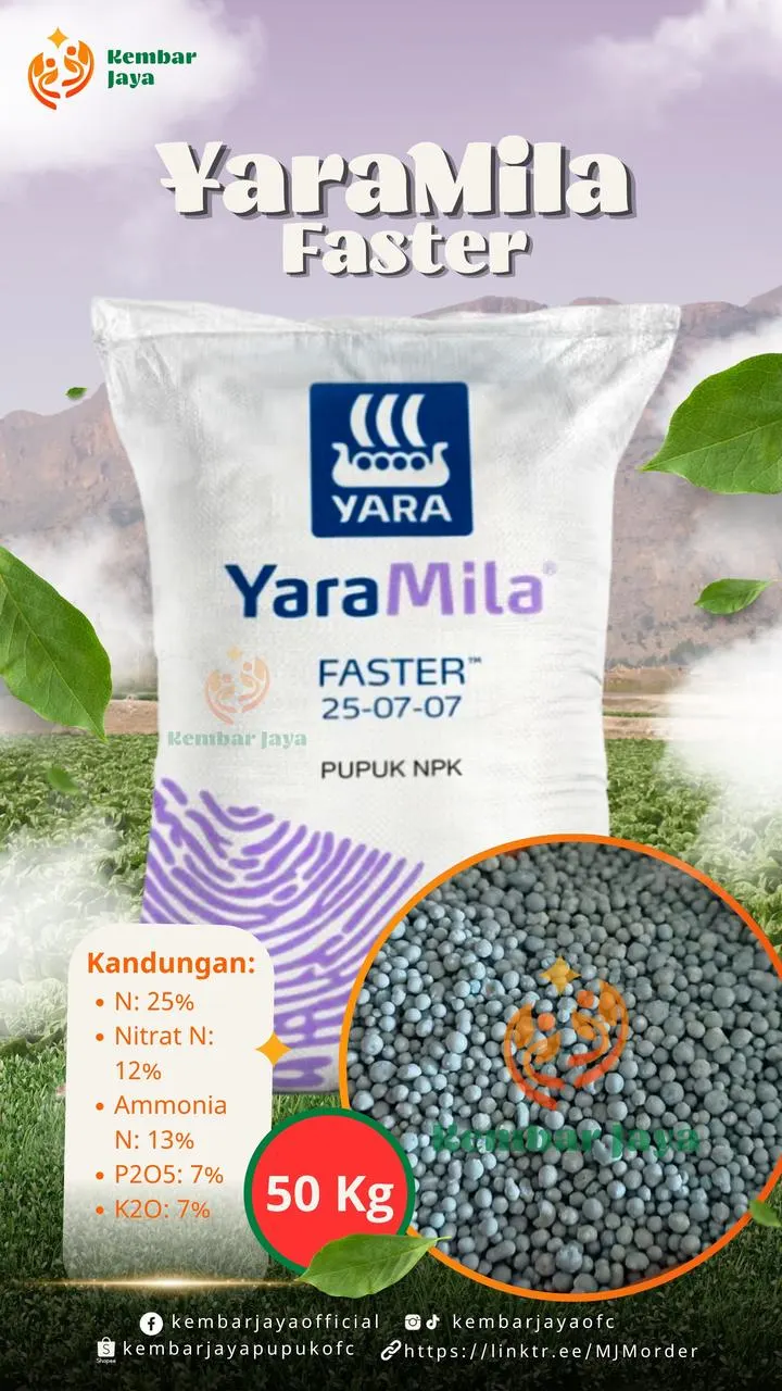 Kemasan YaraMila Faster, Nitrogen 25% (nitrat 12%, amonia 13%), P2O5 7%, K2O 7%