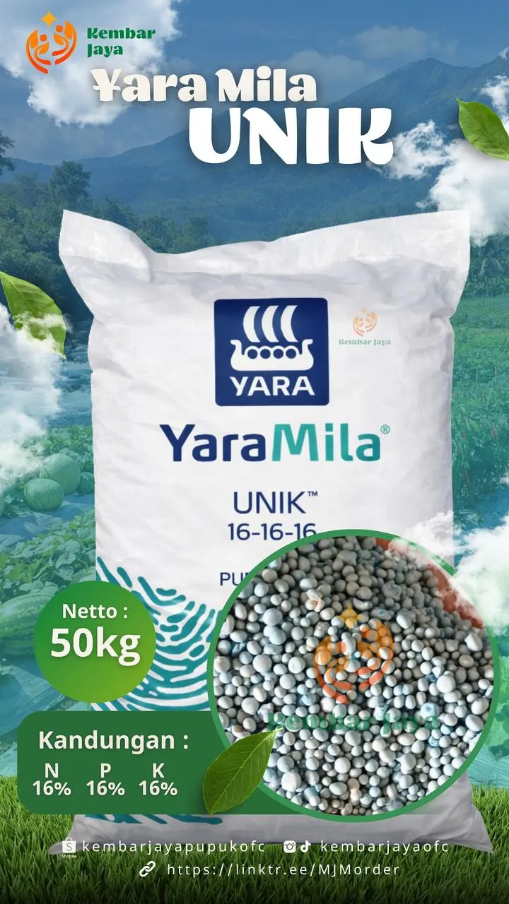 Kemasan YaraMila Unik 16-16-16, Nitrogen 16%, Fosfor 16%, Kalium 16%