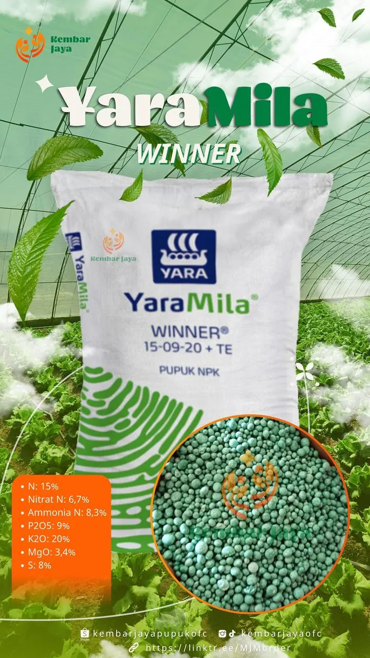 Kemasan YaraMila Winner, Nitrogen 15% (nitrat 6,7%, amonia 8,3%), P2O5 9%, K2O 20%, MgO 3,4%, sulfur 8%