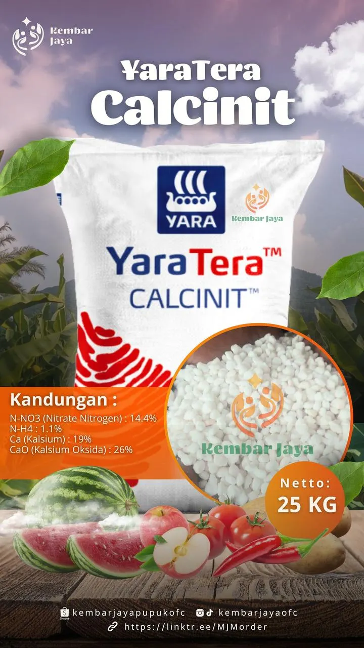 Kemasan YaraTera Calcinit, N-NO3 (nitrat) 14,4%, N-H4 1,1%, Kalsium 19%, CaO 26%
