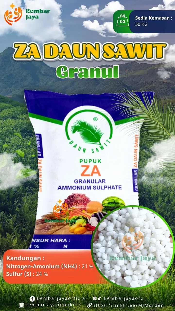 Kemasan ZA Daun Sawit Granul, Nitrogen-Amonium (NH4) 21%, Sulfur 24%