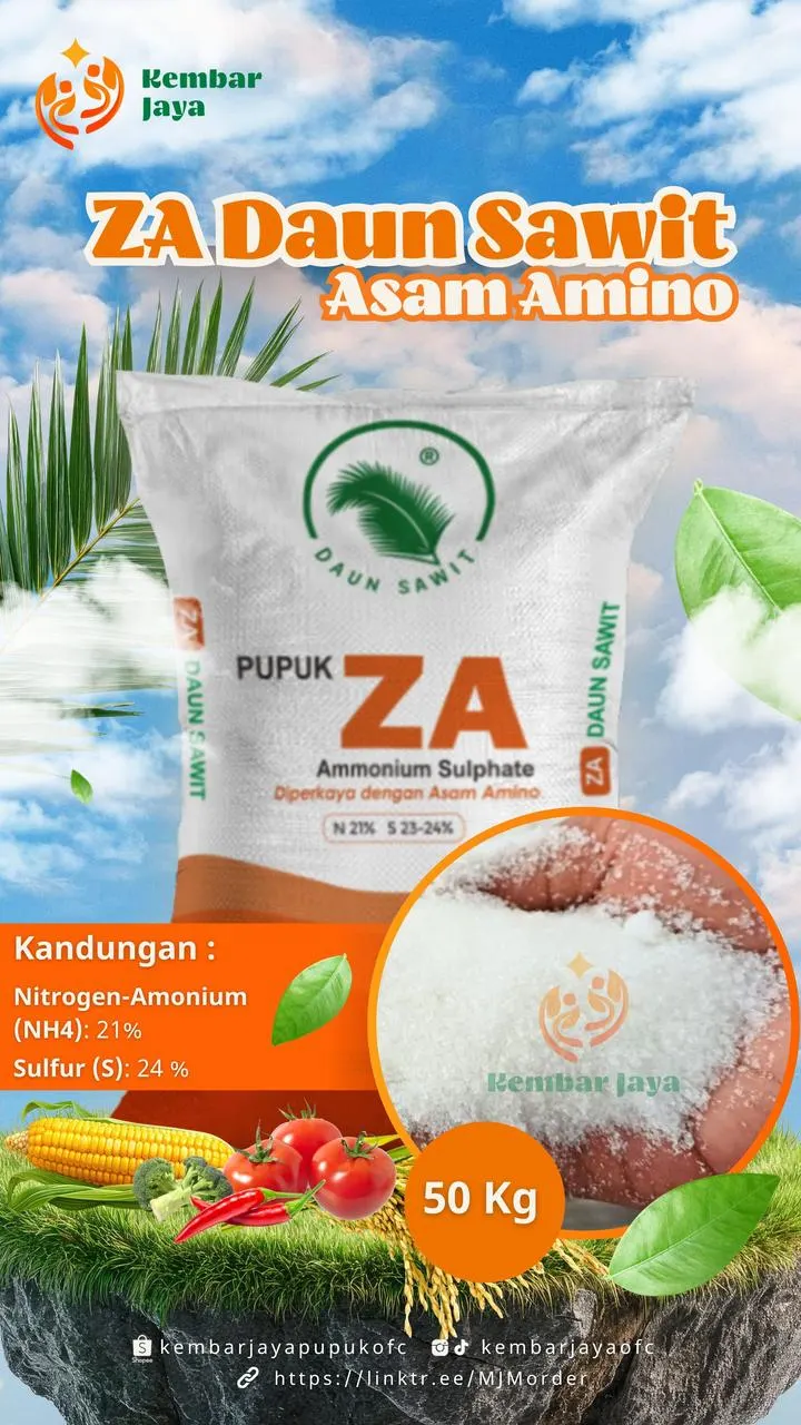 Kemasan ZA Daun Sawit Asam Amino, Nitrogen-Amonium (NH4) 21%, Sulfur (S) 24%