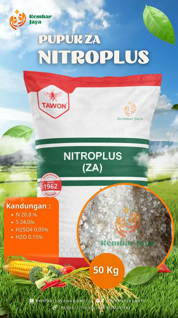 Kemasan ZA Nitroplus, Nitrogen 20,8%, Sulfur 24%, H2SO4 0,05%, H2O 0,15%